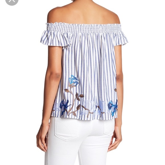 Romeo Juliet Top Shirt Blouse Floral Off Shoulder Peasant Striped Small Blue New - Picture 2 of 7